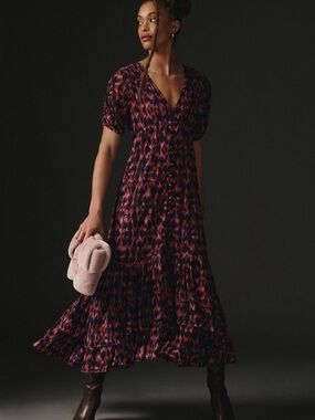Anthropologie Printed Ruched-Sleeve Maxi Dress - XS Petite